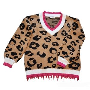 Andree by Unit Womens Leopard & Pink Long Sleeve V-Neck Sweater Size Small